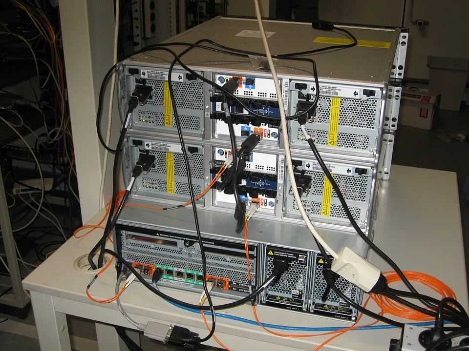 NetApp Fibre Channel storage filer installed in a rack